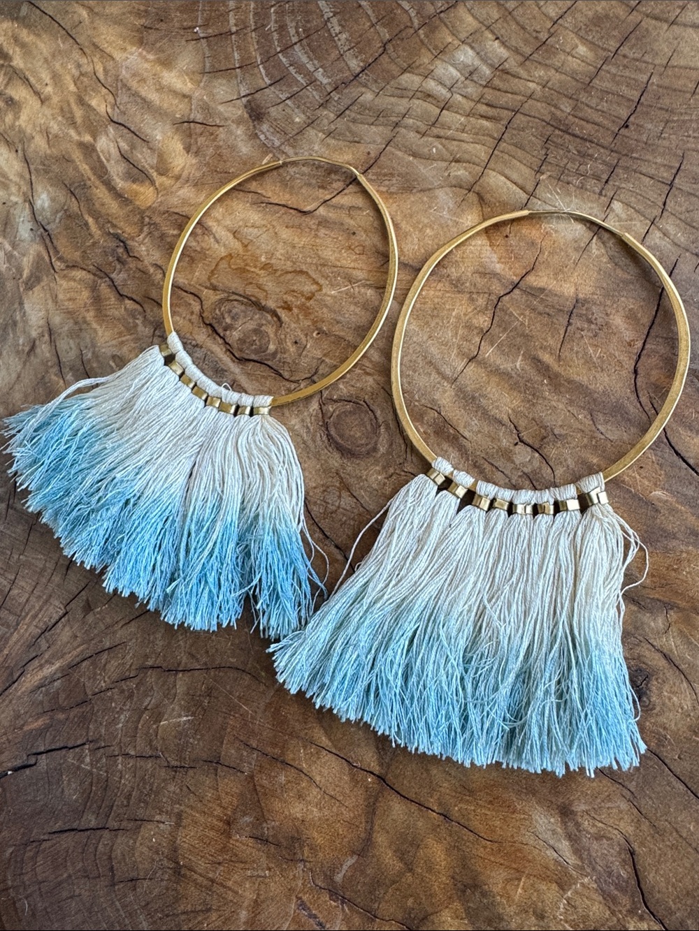 Takara Designs Ornament Gold Hoops with Indigo Dyed Silk Fringe